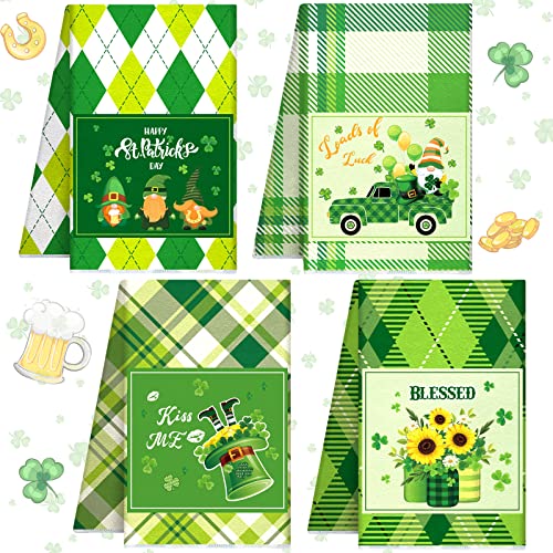 4 Pack St Patrick's Day Towels Set St. Patrick's Day Kitchen Collection Decorative Shamrock Kitchen Towel Set Checkered Green Irish Clovers Pattern for Kitchen Supplies Irish Decor Holiday Home Party