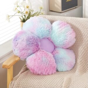 ugeyao faux fur flower pillow,flower shaped throw pillow butt cushion flower floor pillow,seating cushion,cute room decor & plush pillow for bedroom sofa chair (19.7 inches, rainbow purple)