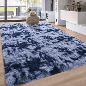 zareas shag area rugs for living room, 5x8 feet fluffy rugs for bedroom, shaggy rug for nursery playroom dorm college office, tie dye blue grey gradient fuzzy carpet plush rug for room decor