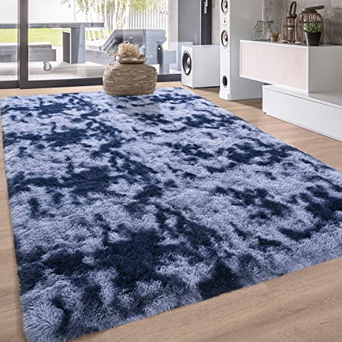 Zareas Shag Area Rugs for Living Room, 5x8 Feet Fluffy Rugs for Bedroom, Shaggy Rug for Nursery Playroom Dorm College Office, Tie Dye Blue Grey Gradient Fuzzy Carpet Plush Rug for Room Decor