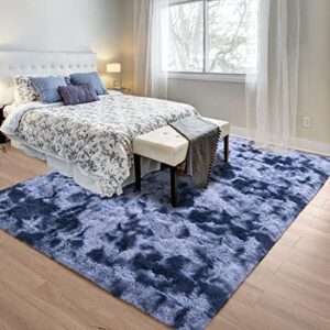 Zareas Shag Area Rugs for Living Room, 5x8 Feet Fluffy Rugs for Bedroom, Shaggy Rug for Nursery Playroom Dorm College Office, Tie Dye Blue Grey Gradient Fuzzy Carpet Plush Rug for Room Decor