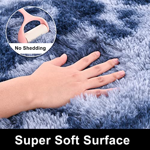 Zareas Shag Area Rugs for Living Room, 5x8 Feet Fluffy Rugs for Bedroom, Shaggy Rug for Nursery Playroom Dorm College Office, Tie Dye Blue Grey Gradient Fuzzy Carpet Plush Rug for Room Decor