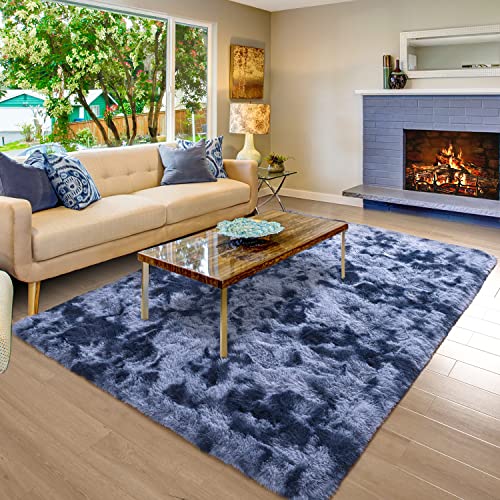 Zareas Shag Area Rugs for Living Room, 5x8 Feet Fluffy Rugs for Bedroom, Shaggy Rug for Nursery Playroom Dorm College Office, Tie Dye Blue Grey Gradient Fuzzy Carpet Plush Rug for Room Decor