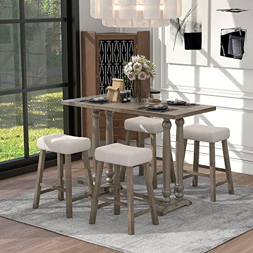 LUMISOL 3-Piece Counter Height Pub Set Wood Dining Table Set for Small Space,Rectangular Table and 4 Upholstered Stools for Kitchen Breakfast Nook (Light Brown)