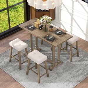 LUMISOL 3-Piece Counter Height Pub Set Wood Dining Table Set for Small Space,Rectangular Table and 4 Upholstered Stools for Kitchen Breakfast Nook (Light Brown)