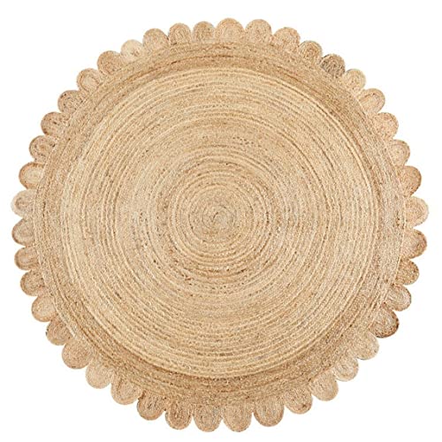 4x4, 5x5, 6x6,feet Natural Jute Scallop Round Rug, Floor Scalloped Edge Rug Braided Boho Eco Large Circular Handmade Area Rugs (Natural, 8x8 Ft Round Rug)