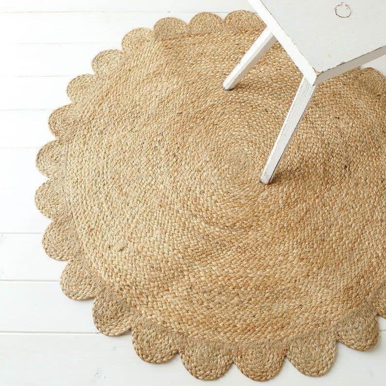 4x4, 5x5, 6x6,feet Natural Jute Scallop Round Rug, Floor Scalloped Edge Rug Braided Boho Eco Large Circular Handmade Area Rugs (Natural, 8x8 Ft Round Rug)