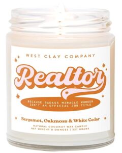 west clay company realtor candle gift | real estate agent gifts | thank you gift for realtor | realtors gifts, bergamot oakmoss cedar amber scented, 8oz made in the usa