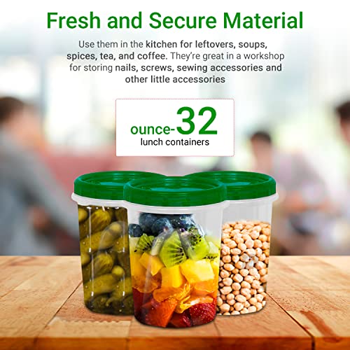 [Green - 12 Pk] Airtight Deli Containers with Lids Twist Lock Top Clear Food Storage for Meal Prep Snacks and Leftovers Freezer and Microwave Safe Stackable Leak-Resistant and 12 Pc. Set (32 Ounce)