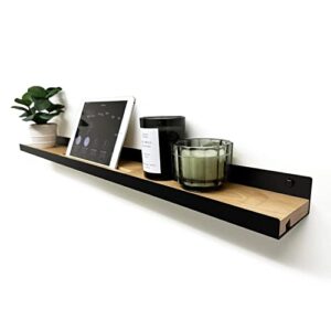 mitus floating shelf wall mounted - modern industrial metal channel ledge black with rustic wood insert, 36 inch