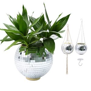 ruby.q disco ball planter, 4"/6"/8" silver/rose gold disco planter, disco ball plant hanger with rope chain circle (8", silver)
