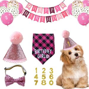 dog birthday party supplies, dog birthday party decoration set, dog cute hat triangle scarf bow dog head banner and cute balloon, used for dog birthday party decoration (pink)