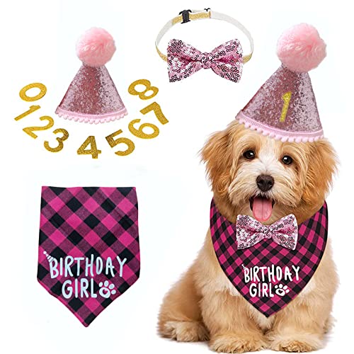 Dog Birthday Party Supplies, Dog Birthday Party Decoration Set, Dog Cute Hat Triangle Scarf Bow Dog Head Banner and Cute Balloon, Used for Dog Birthday Party Decoration (Pink)