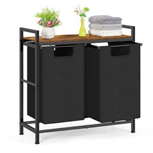 laundry basket 2 section laundry hamper with wooden shelf and 2x45l removable laundry sorter bags double clothes hamper for laundry room bathroom dorm oxford fabric metal frame, rustic brown and black