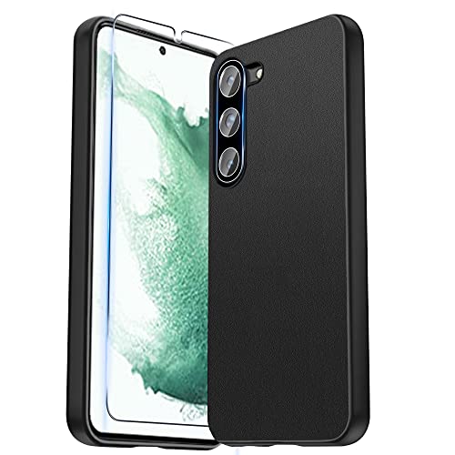 CASEJEEN for Samsung Galaxy S23 Case with 1 Pcs Tempered Glass Screen Protector and 1 Pcs Camera Lens Cover,PU Leather Rugged Shockproof Phone Cover,Black