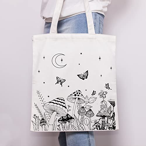 THEYGE Mushroom Tote Bag Aesthetic Vintage Mushroom Canvas Bag Cute Tote Bag for Women Gift Cotton Canvas Bag Shopping Shoulder Bag Reusable Grocery Bag