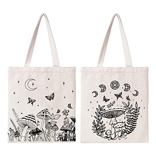 THEYGE Mushroom Tote Bag Aesthetic Vintage Mushroom Canvas Bag Cute Tote Bag for Women Gift Cotton Canvas Bag Shopping Shoulder Bag Reusable Grocery Bag