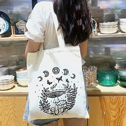 THEYGE Mushroom Tote Bag Aesthetic Vintage Mushroom Canvas Bag Cute Tote Bag for Women Gift Cotton Canvas Bag Shopping Shoulder Bag Reusable Grocery Bag