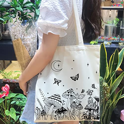 THEYGE Mushroom Tote Bag Aesthetic Vintage Mushroom Canvas Bag Cute Tote Bag for Women Gift Cotton Canvas Bag Shopping Shoulder Bag Reusable Grocery Bag