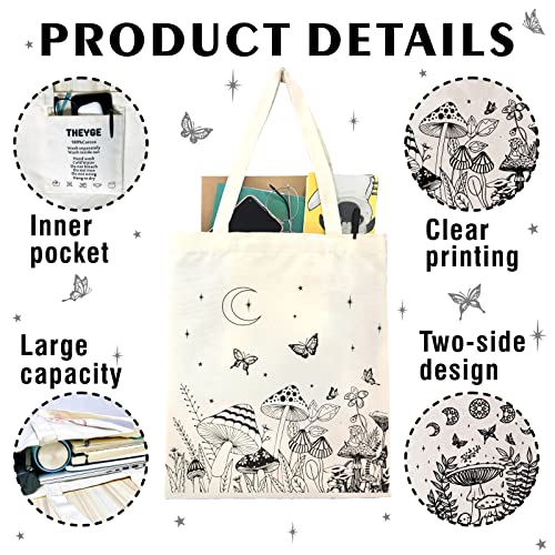 THEYGE Mushroom Tote Bag Aesthetic Vintage Mushroom Canvas Bag Cute Tote Bag for Women Gift Cotton Canvas Bag Shopping Shoulder Bag Reusable Grocery Bag