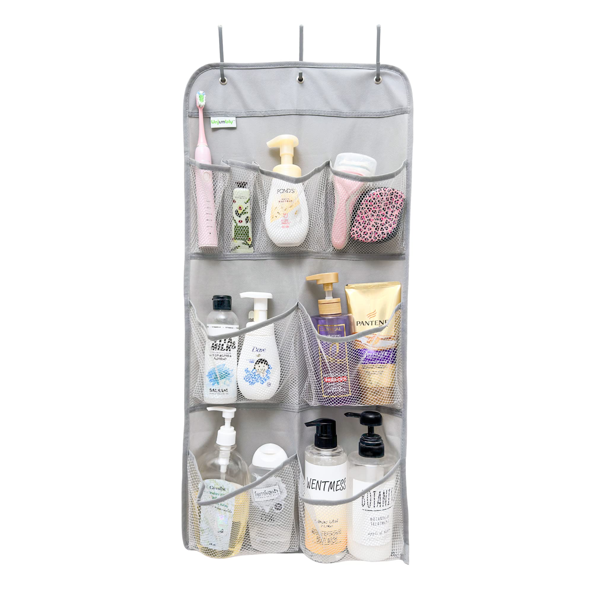 Unjumbly Mesh Hanging Shower Caddy - 8 Pockets to Hold Toiletries, Shampoos, Conditioners, Soaps, Over-the-door Organizer with 3 Metal Hooks for Bathroom, Bedroom, Kitchen, Traveling, RVs, Campers