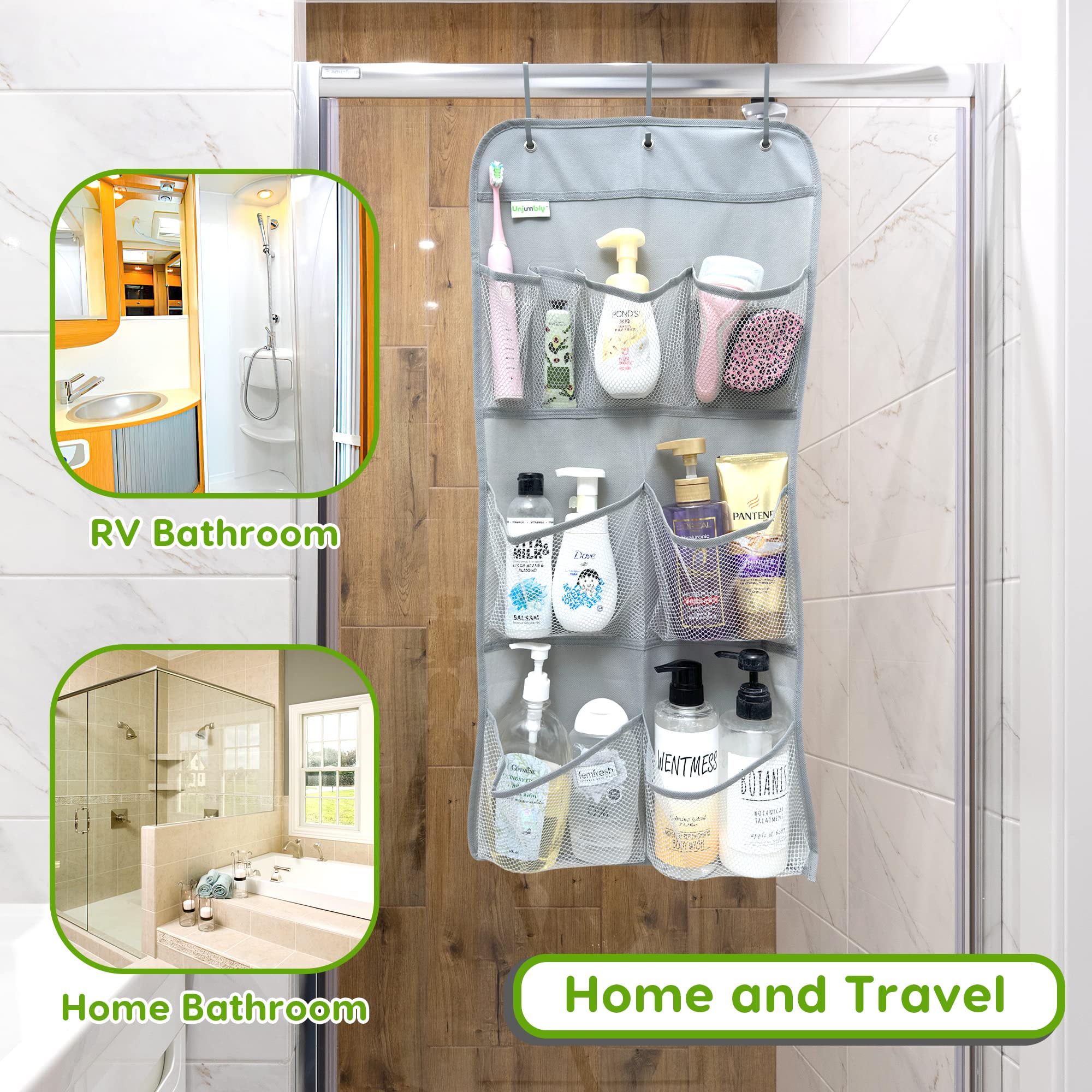 Unjumbly Mesh Hanging Shower Caddy - 8 Pockets to Hold Toiletries, Shampoos, Conditioners, Soaps, Over-the-door Organizer with 3 Metal Hooks for Bathroom, Bedroom, Kitchen, Traveling, RVs, Campers