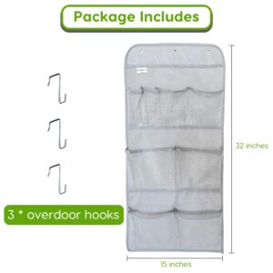 Unjumbly Mesh Hanging Shower Caddy - 8 Pockets to Hold Toiletries, Shampoos, Conditioners, Soaps, Over-the-door Organizer with 3 Metal Hooks for Bathroom, Bedroom, Kitchen, Traveling, RVs, Campers