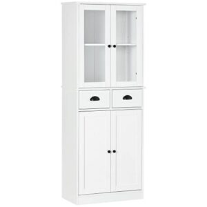 homcom 61" freestanding kitchen pantry, traditional style storage cabinet with soft close doors, adjustable shelves, and 2 drawers, for living room, dining room, white