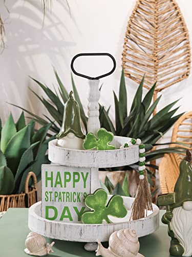 RM ROOMERS St Patrick’s Day Tiered Tray Decor, 4pcs Farmhouses St Patricks Day Table Decor, Irish Theme Wooden Shamrock Signs Table Centerpieces for March, Office, Home