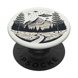 flying aliens ufo saucer surrounded by mountains popsockets swappable popgrip