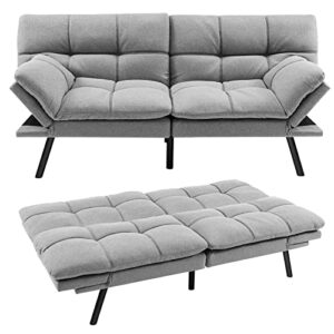 komfott futon sofa bed, linen fabric memory foam convertible futon couch with adjustable backrest & armrests, metal legs, modern loveseat sleeper bed split-back sofa for small apartment & office