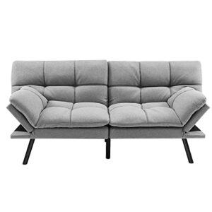 KOMFOTT Futon Sofa Bed, Linen Fabric Memory Foam Convertible Futon Couch with Adjustable Backrest & Armrests, Metal Legs, Modern Loveseat Sleeper Bed Split-Back Sofa for Small Apartment & Office