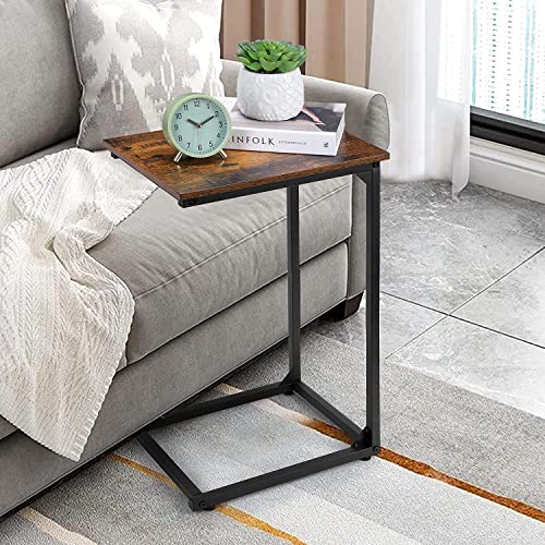 C Shaped Side Table Set of 2, C Table for Sofa, Couch Table End Table Slide Under, Snack Side Table for Living Room, Bedroom, Rustic Brown