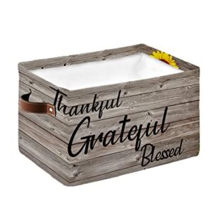 Cube Storage Bins Cloth Towel Organizer Thankful Grateful Blessed Thanksgiving Sunflower Farmhouse Rustic Wooden Fabric Collapsible Storage Baskets with Handles 1 Pack