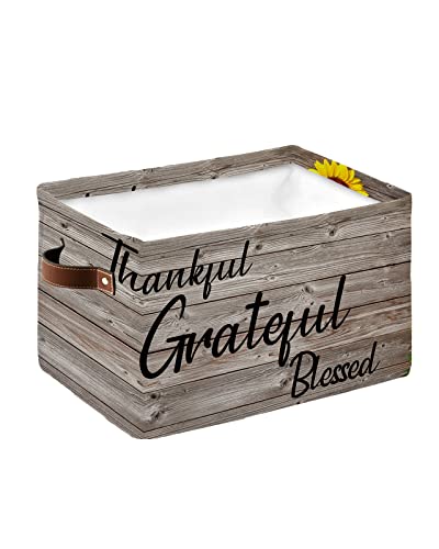 Cube Storage Bins Cloth Towel Organizer Thankful Grateful Blessed Thanksgiving Sunflower Farmhouse Rustic Wooden Fabric Collapsible Storage Baskets with Handles 1 Pack