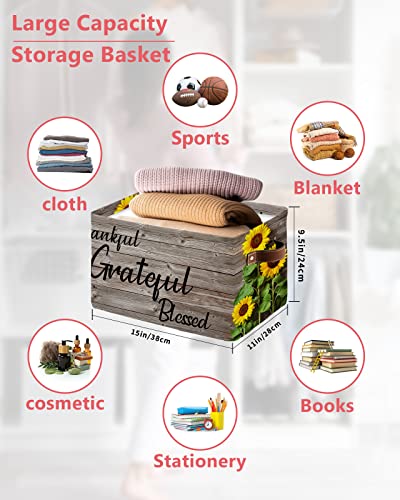 Cube Storage Bins Cloth Towel Organizer Thankful Grateful Blessed Thanksgiving Sunflower Farmhouse Rustic Wooden Fabric Collapsible Storage Baskets with Handles 1 Pack