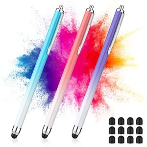 cfdxk stylus pens for touch screens，3-pack capacitive stylus compatible for ipad iphone tablets samsung galaxy with 12 extra replaceable tips (pink, blue, purple)