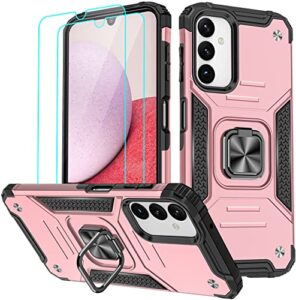 amytor designed for samsung galaxy a14 5g case[2 x tempered glass screen protector] [ military grade ] 17ft. drop tested armor protective phone case with magnetic car mount ring kickstand (rose gold)