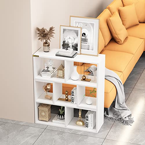 ALISENED 7-Cube Storage Shelf Organizer Bookshelf System, Modern Bookcase Open Standing Book Shelving Cabinet,Wooden Bookshelf Display Cube Shelves Compartments