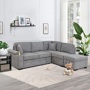 melpomene sectional sleeper sofa with pull-out bed and storage ottoman, modern l-shape couch w/usb port and cupholder,grey