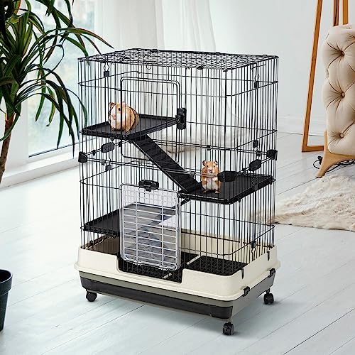 HomSof 4-Tier 32" Small Animal Metal Cage Height Adjustable with Lockable Casters Grilles Pull-Out Tray for Rabbit Chinchilla Ferret Bunny Guinea Pig Squirrel Hedgehog(Grey)