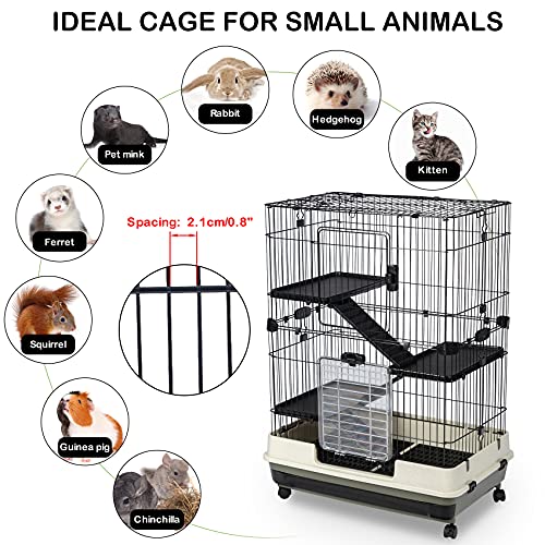 HomSof 4-Tier 32" Small Animal Metal Cage Height Adjustable with Lockable Casters Grilles Pull-Out Tray for Rabbit Chinchilla Ferret Bunny Guinea Pig Squirrel Hedgehog(Grey)