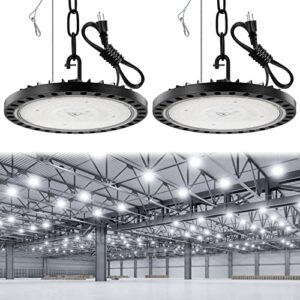 tycolit led high bay light 200w 2 pack, 5000k bright ufo led high bay lights 20000lm with us plug 5ft cable,ip65 led ufo bay lighting with chain&safety rope for warehouse workshop factory garage