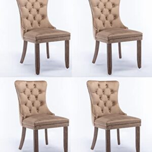 Danxee High-end Velvet Dining Room Chairs Upholstered Elegant Tufted Chair with Luxurious Button Nailed Trim Ring Pull Armless Accent Chair (Khaki, Set of 4)