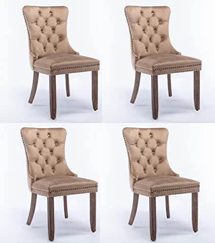 Danxee High-end Velvet Dining Room Chairs Upholstered Elegant Tufted Chair with Luxurious Button Nailed Trim Ring Pull Armless Accent Chair (Khaki, Set of 4)