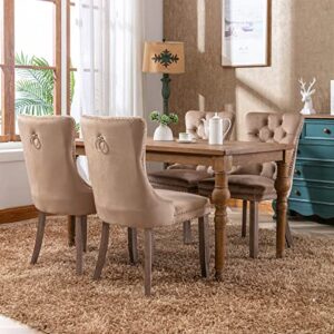 Danxee High-end Velvet Dining Room Chairs Upholstered Elegant Tufted Chair with Luxurious Button Nailed Trim Ring Pull Armless Accent Chair (Khaki, Set of 4)