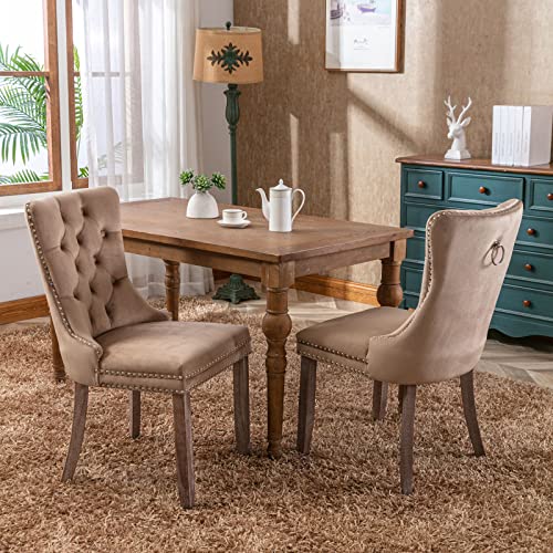 Danxee High-end Velvet Dining Room Chairs Upholstered Elegant Tufted Chair with Luxurious Button Nailed Trim Ring Pull Armless Accent Chair (Khaki, Set of 4)