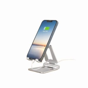 xwyebo dual folding cell phone standportable aluminum phone holder,adjustable phone dock cradle compatible, fully adjustable foldable desktop phone holder with iphone 14/13/12/11 pro max(silver)