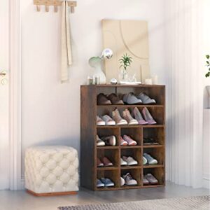 HAIOOU Shoe Cubby, 9-Cube Stackable Wood Shoe Rack Organizer 5-Tier Freestanding Wooden Shoe Stand with 2 Storage Shelf for 10-15 Pairs, Ideal for Apartment Entryway Closet Organization - Rustic Brown