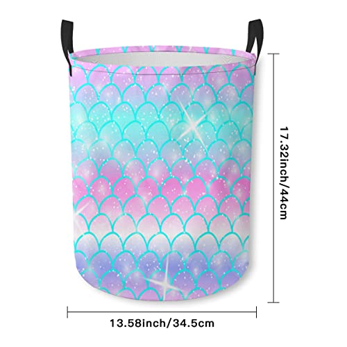 Mermaid Scale Stars Laundry Basket Waterproof Dirty Clothes Hamper Collapsible Toys Storage Bins with Handle for College Dorm Bathroom